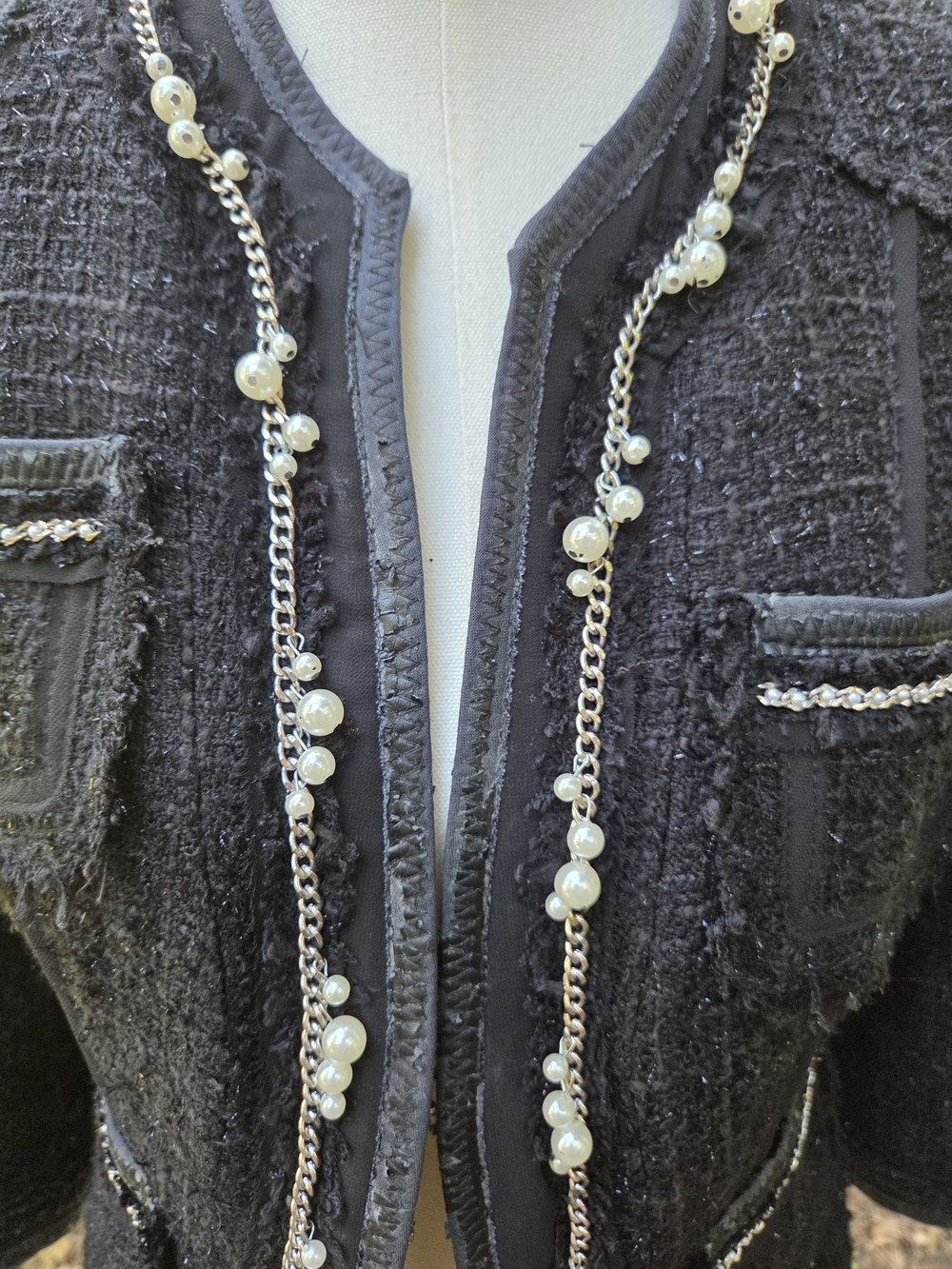 White House Black Market‎ Black Tweed Pearl Trim Jacket Size 6 - Picture 7 of 11